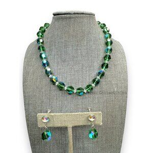 Vintage Green Aurora Borealis Crystal Necklace Screwback Earrings Set Silver Ton